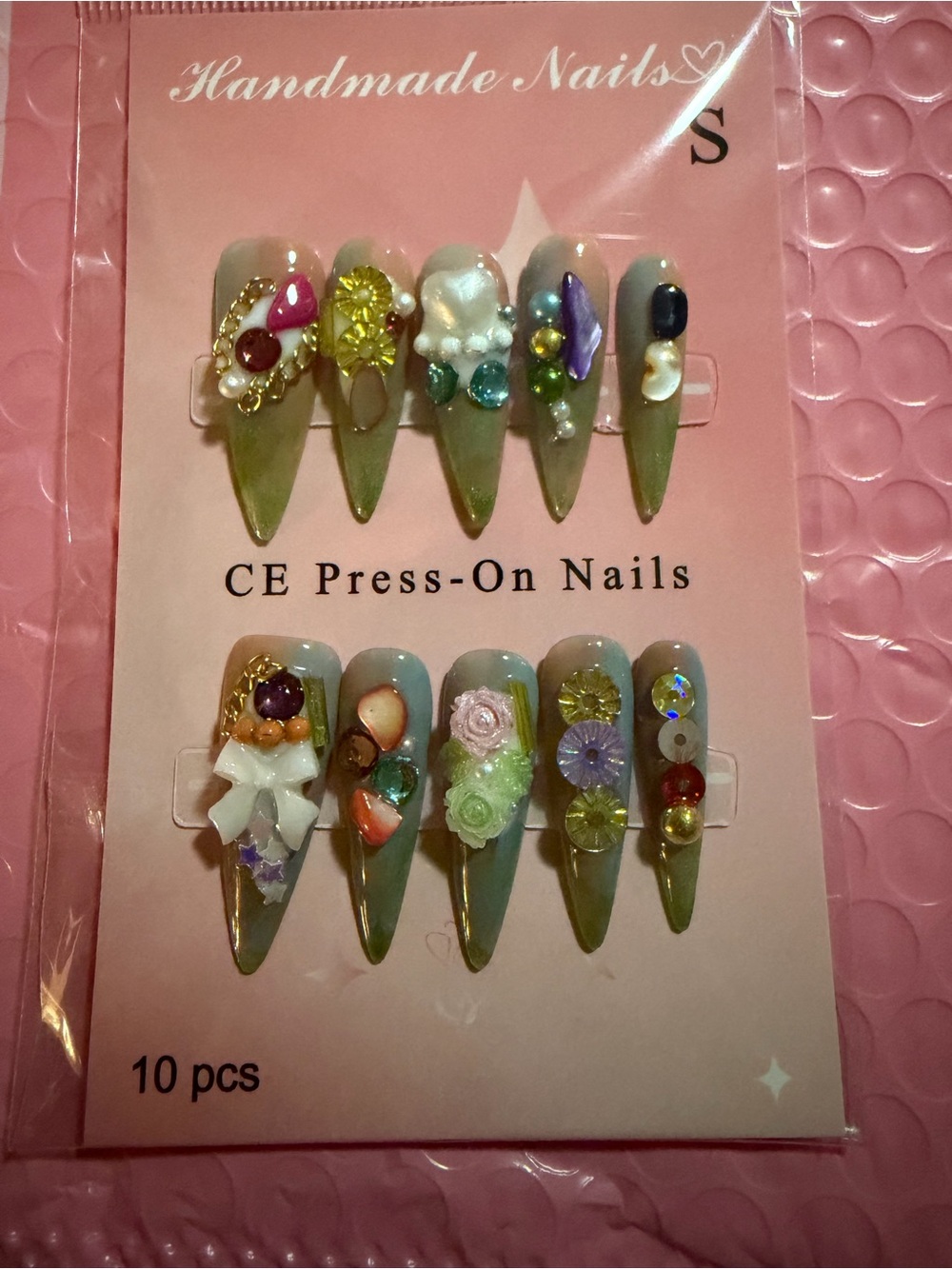 Handmade Press-On Nail Set - Olive Green 10-Piece Embellished Style